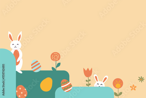 Happy easter design with geometric elements and playful rabbits. Geometry easter background.