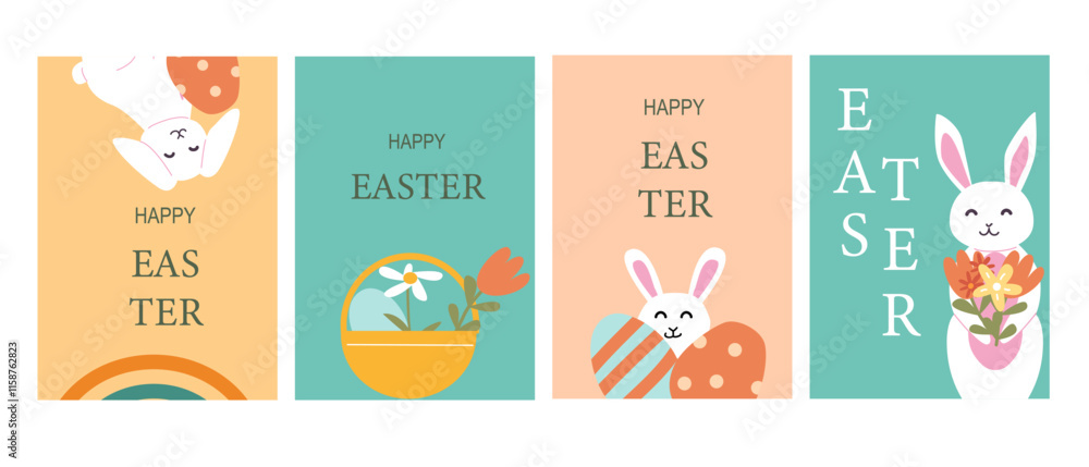 Colorful easter greeting cards with bunnies and flowers. Colorful easter greeting cards with bunnies and flowers.