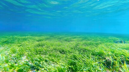Fotobehang Groen A serene underwater view showcasing lush green seagrass swaying gently in clear blue water.  © TPS Studio