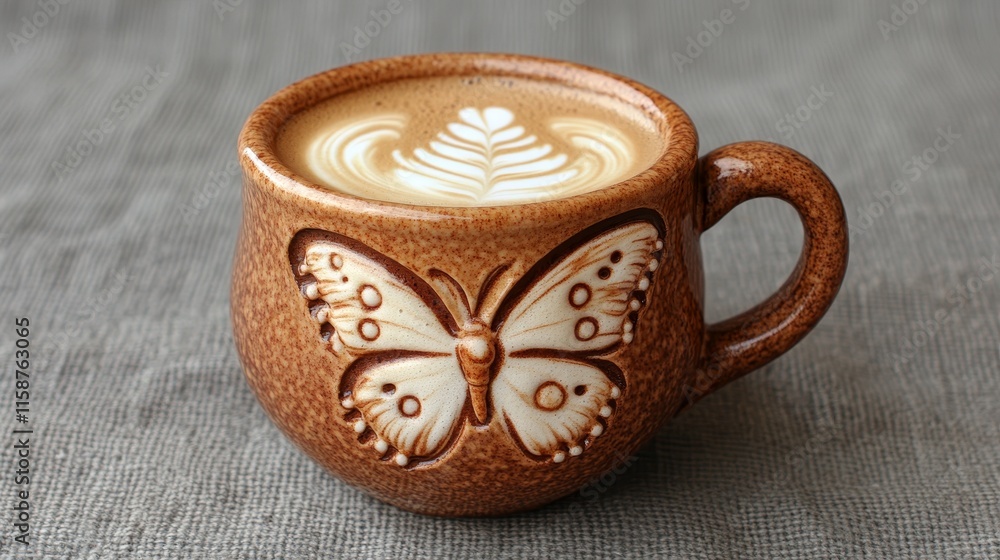 Aromatic Coffee Latte Art with Fern Design in Brown Butterfly Mug on Burlap Background.