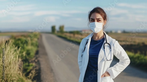 Female doctor or nurse wearing a protective face mask next to a rural road.