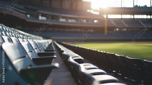 Empty baseball stadium stands with sunlight illuminating seats, creating serene atmosphere. rows of seats invite anticipation for next game