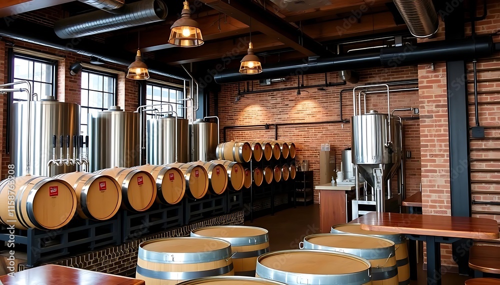 Industrial Brewery Interior With Barrels And Tanks Industrial Brewery Interior With Barrels And Tanks