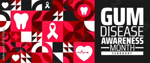Gum Disease Awareness Month geometric shape pattern background banner or poster design template with tooth design. observed every year in February. Holiday concept. Use to any Template, card, poster, 