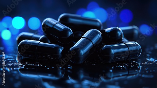 A pile of smooth, matte black capsules on a cold metallic surface, illuminated with moody blue lighting, 8k, realistic, full ultra HD, high resolution, cinematic photography photo