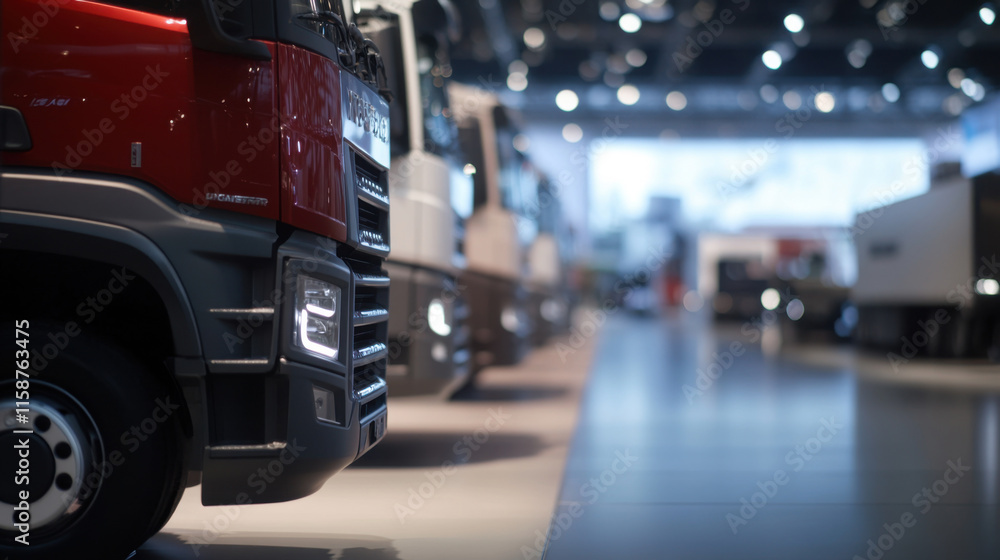 Trucks displayed in modern exhibition hall, showcasing innovative designs and technology. focus is on hybrid models, emphasizing transportation advancements Trucks displayed in modern exhibition hall, showcasing innovative designs and technology. focus is on hybrid models, emphasizing transportation advancements