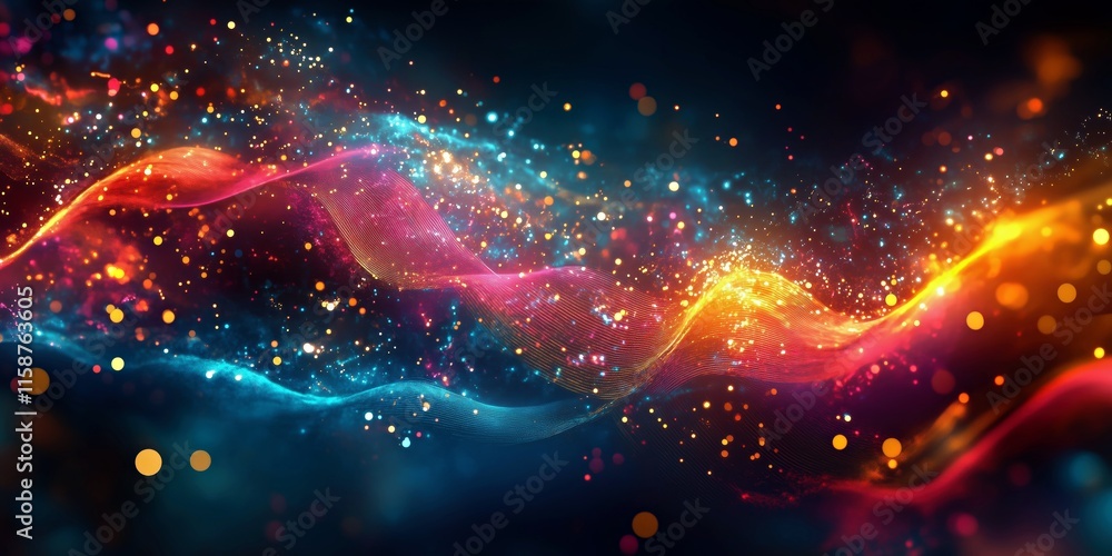 Vibrant Colorful Sound Waves in Motion Surrounded by Glowing Particles Vibrant Colorful Sound Waves in Motion Surrounded by Glowing Particles