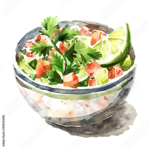 A watercolor drawing of Mexican ceviche with lime and cilantro, isolated on a white background. Ceviche vector.
