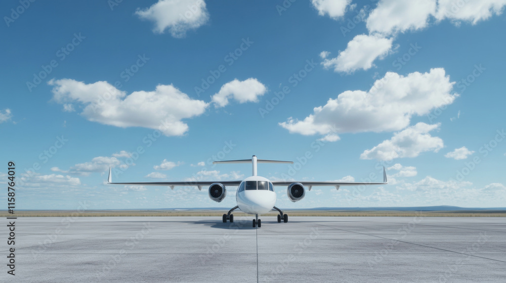 Obraz premium sleek airplane parked on runway under clear blue sky, surrounded by fluffy clouds, showcasing modern aviation design and technology
