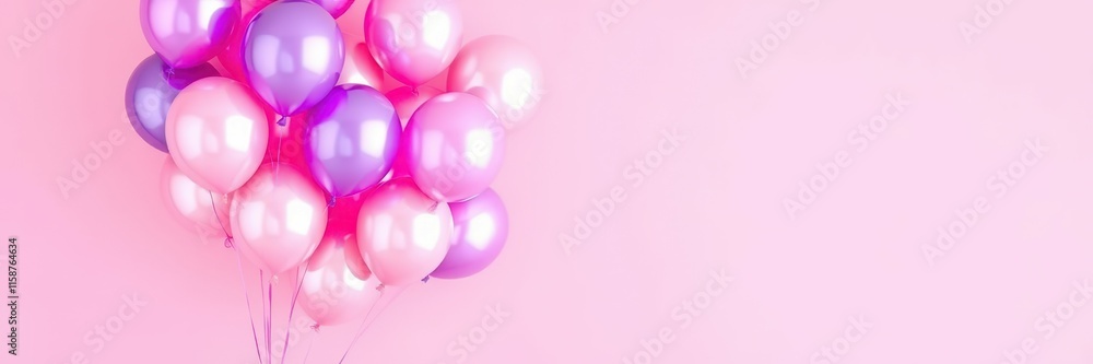 Colorful balloons in various shades of pink and purple against a soft pink background create a festive atmosphere for any celebration Colorful balloons in various shades of pink and purple against a soft pink background create a festive atmosphere for any celebration