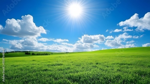 Sunny day in a green meadow with a blue sky and clouds photo