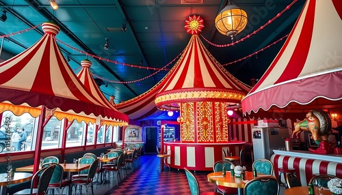 A whimsical restaurant interior features circus themed decor