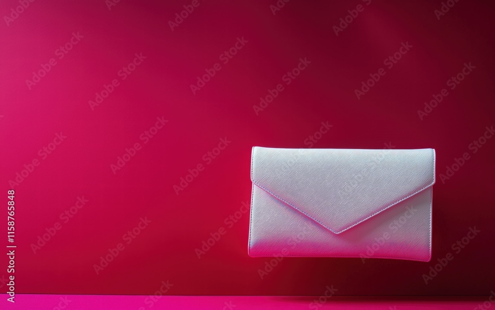 Sleek white evening clutch gently hovering on a vivid magenta background Sleek white evening clutch gently hovering on a vivid magenta background