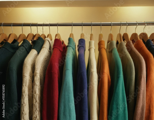 Colorful warm sweaters hanging on hangers in second hand clothing shop, charity shop, thrift store photo