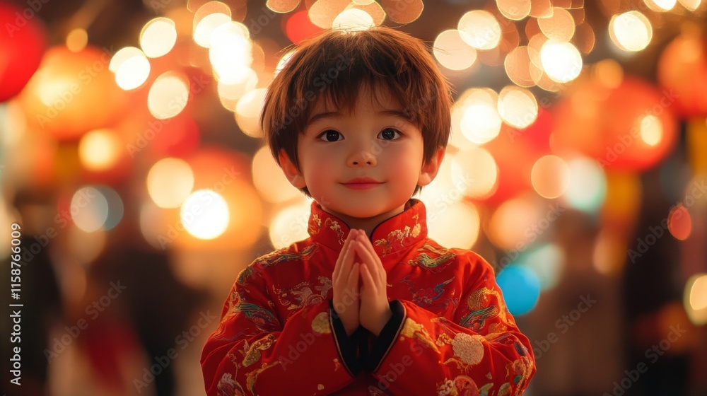 Young Boy In Red Traditional Clothing During Festive Lights Young Boy In Red Traditional Clothing During Festive Lights