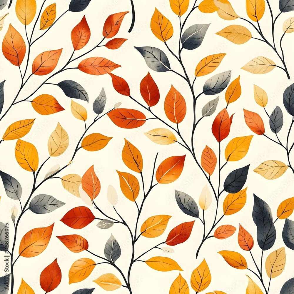 Seamless pattern featuring an array of fall leaves scattered across a clean white background Seamless pattern featuring an array of fall leaves scattered across a clean white background