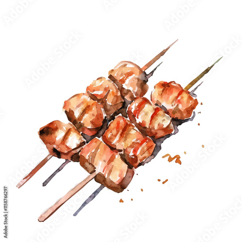 A watercolor illustration of Japanese yakitori with grilled chicken skewers, isolated on a white background. Yakitori vector.
