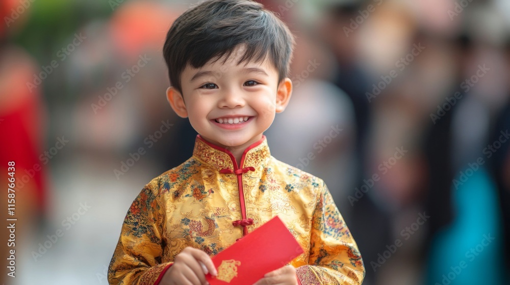 Happy Child Wearing Traditional Festive Clothing Holding Red Envelope Happy Child Wearing Traditional Festive Clothing Holding Red Envelope