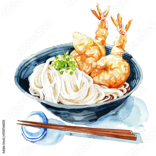 A watercolor drawing of Japanese tempura with shrimp and vegetables, isolated on a white background. Tempura vector.
