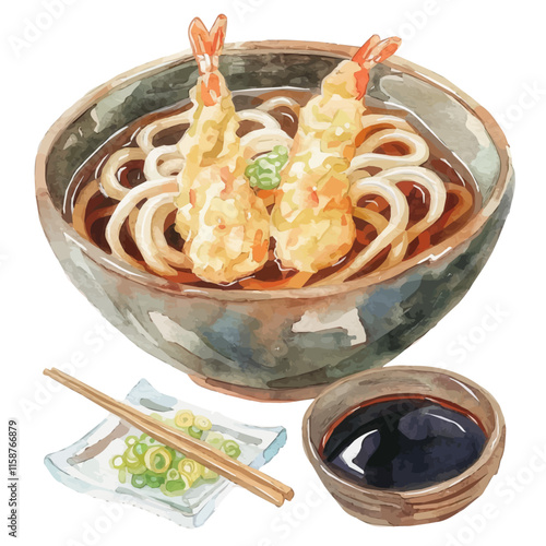 A watercolor drawing of Japanese tempura with shrimp and vegetables, isolated on a white background. Tempura vector.
