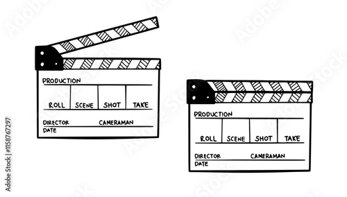 Hand-drawn clapperboard illustration in a doodle style. Featuring classic black and white stripes with space for scene, take, and date.