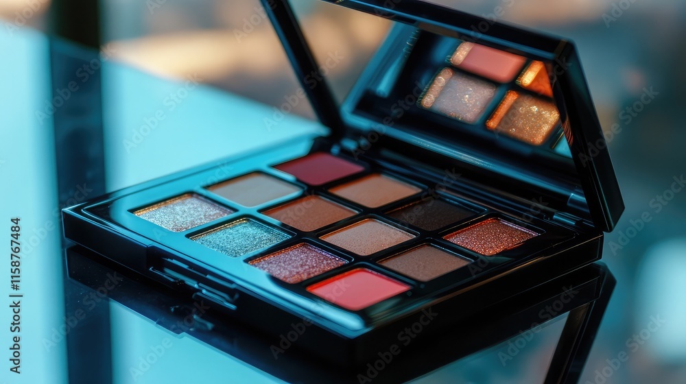 A shimmering eyeshadow palette with a mirror reflecting soft studio lighting, 8k, realistic, full ultra HD, high resolution, cinematic photography
