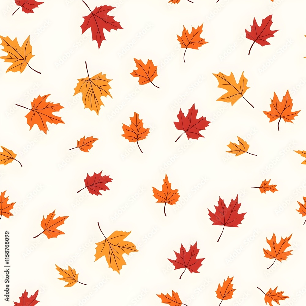 Seamless pattern featuring an array of fall leaves scattered across a clean white background Seamless pattern featuring an array of fall leaves scattered across a clean white background