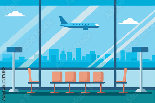  An airport waiting room with modern design and tranquil ambiance; orange chairs against a large window, emphasizing comfort and travel connection.