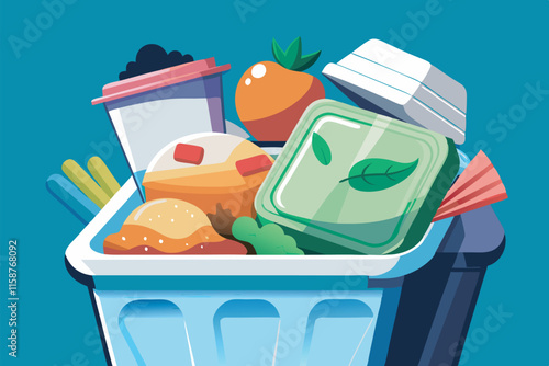 Image shows a blue recycling bin with food waste & containers. Emphasizes proper waste disposal for environmental conservation.