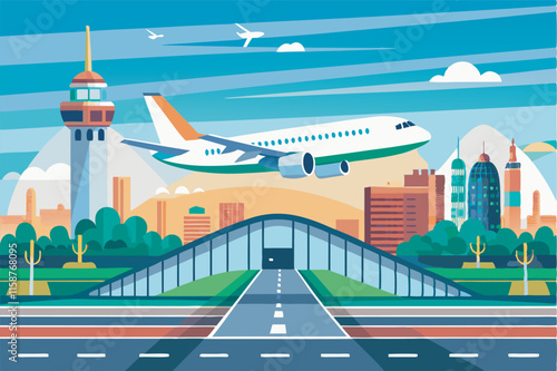 Illustration at airport with airplane taking off, cityscape, control tower, and road. Dynamic air travel scene with inconsistent color descriptions.