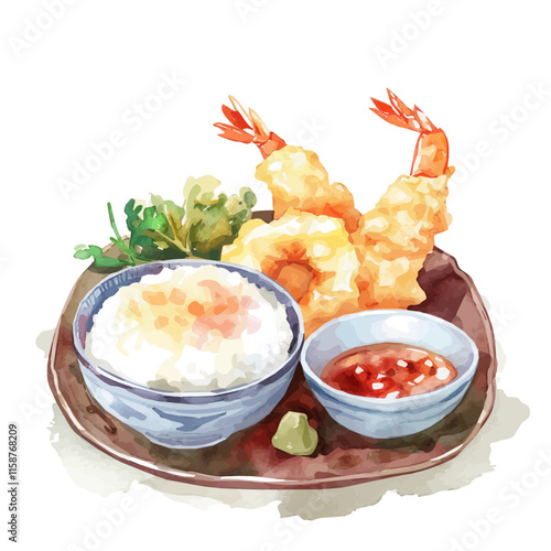 A watercolor illustration of Japanese tempura with dipping sauce and rice, isolated on a white background. Tempura vector.
