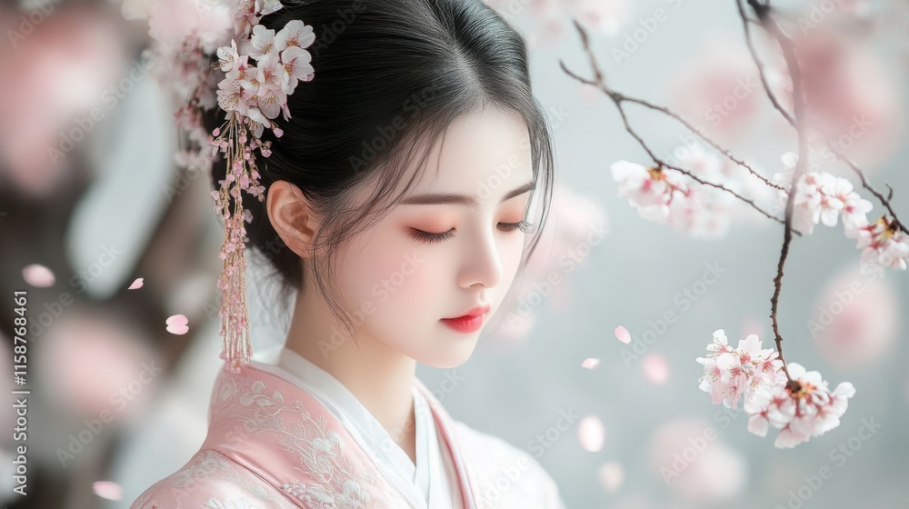 Young Woman In Pink Hanfu Adorned With Cherry Blossoms Young Woman In Pink Hanfu Adorned With Cherry Blossoms