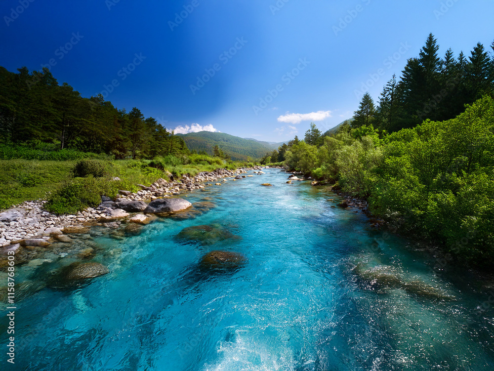 A crystal-clear turquoise river flows through a lush green valley, flanked by rocky banks and dense forest under a vibrant blue sky. The water is incredibly clear, showing the riverbed below. A crystal-clear turquoise river flows through a lush green valley, flanked by rocky banks and dense forest under a vibrant blue sky. The water is incredibly clear, showing the riverbed below.