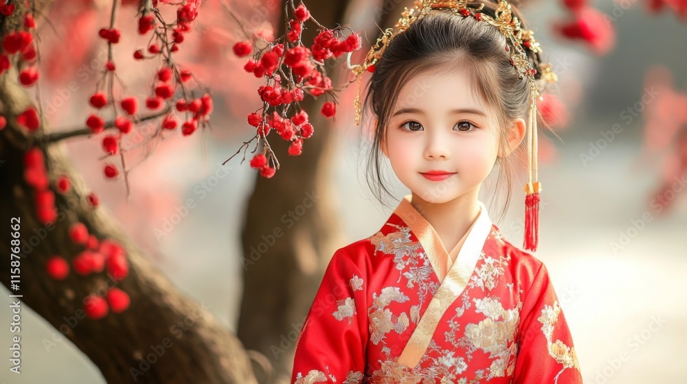 Adorable Child Wearing Traditional Red Hanfu Dress Adorable Child Wearing Traditional Red Hanfu Dress