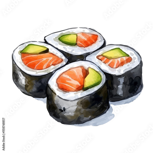 A watercolor illustration of Japanese sushi with salmon and avocado, isolated on a white background. Sushi vector.
