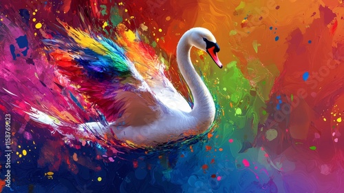 Fototapeta Naklejka Na Ścianę i Meble -  Colorful swan on vibrant rainbow background, abstract watercolor style, splash of paint, nature scene, fantasy art