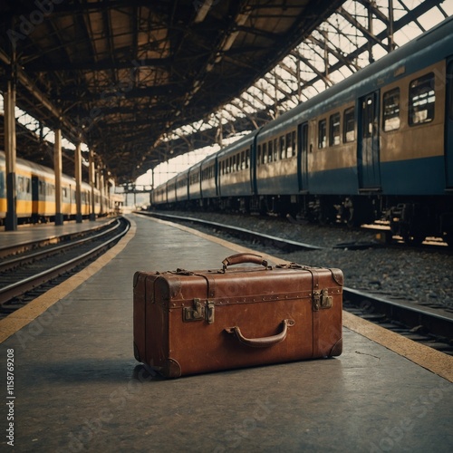 A vintage suitcase sitting on the floor of a train station.