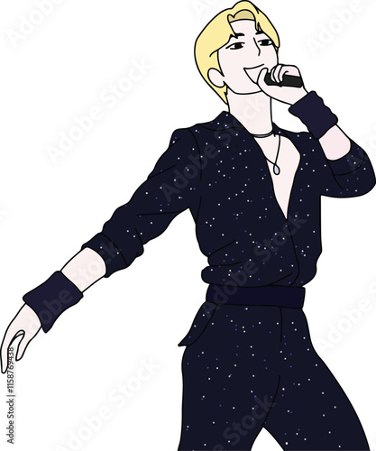 cartoon illustration of a kpop idol performing on stage holding a mic. cool Korean street idol. wear stylish and cool outfits