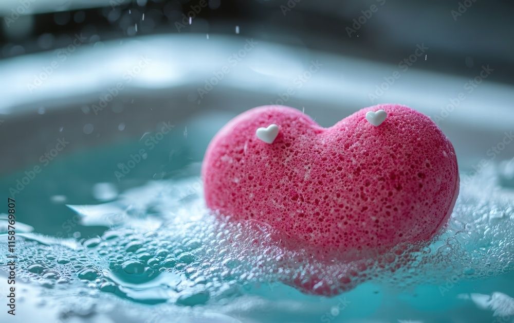 Fototapeta premium A heart-shaped bath bomb fizzing in a luxurious bathtub for valentines day