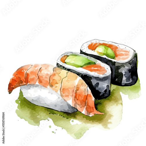 A watercolor painting of Japanese sushi nigiri with wasabi, isolated on a white background. Nigiri sushi vector.
