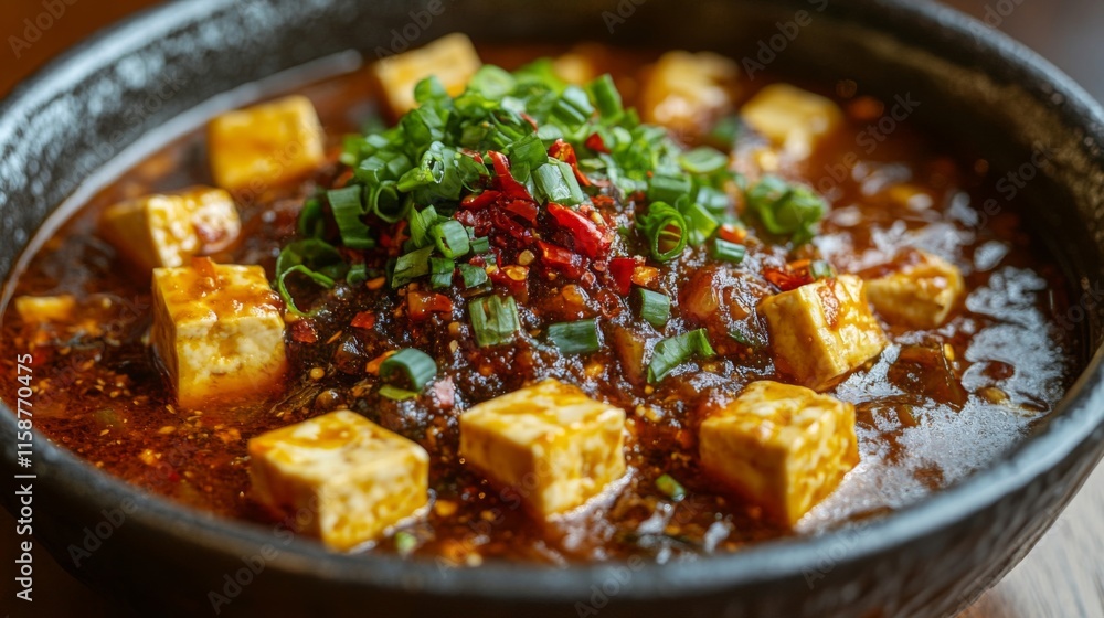 Spicy Tofu Dish In A Dark Bowl With Green Onions Spicy Tofu Dish In A Dark Bowl With Green Onions