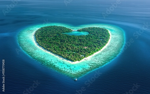 Fototapeta Naklejka Na Ścianę i Meble -  A heart-shaped island in a turquoise ocean, viewed from above for valentines day