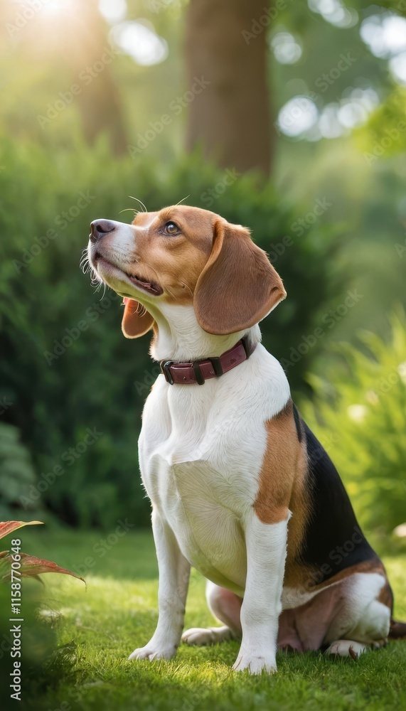 A cheerful beagle enjoying the outdoors, sitting in a lush green garden with sunlight highlighting its expressive face and playful demeanor A cheerful beagle enjoying the outdoors, sitting in a lush green garden with sunlight highlighting its expressive face and playful demeanor