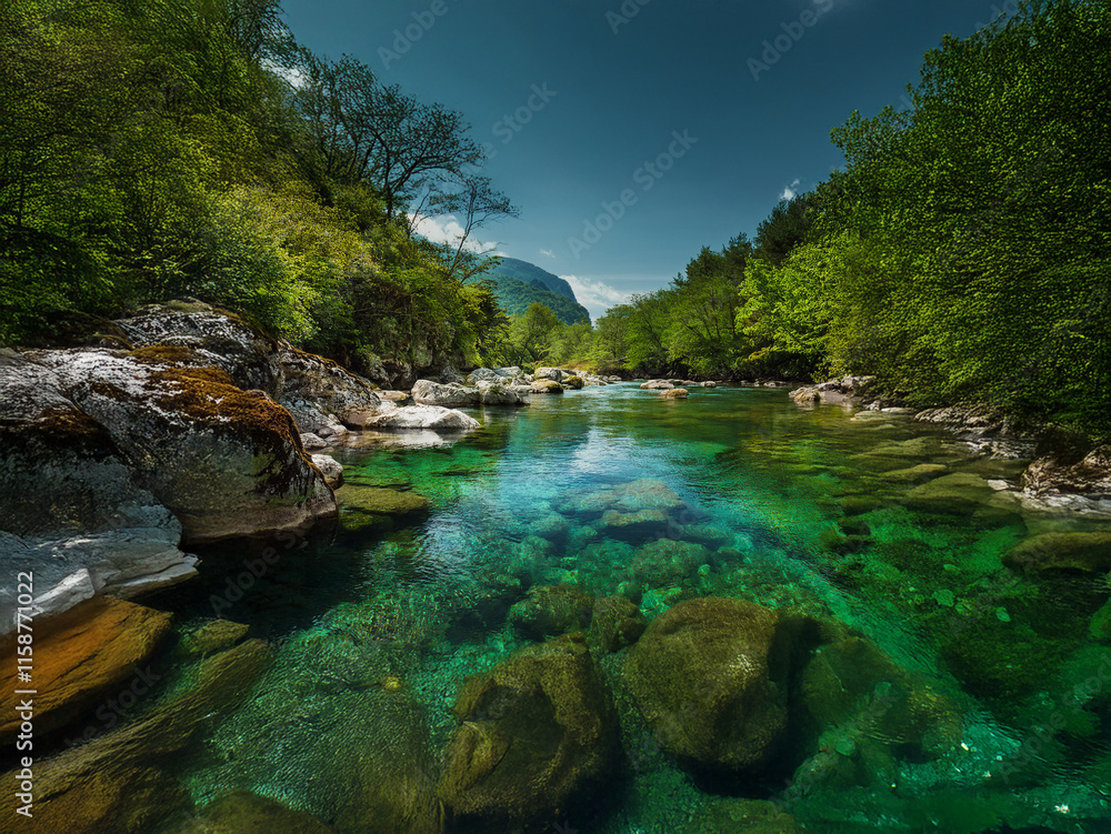 A crystal-clear river flows through a lush green valley, sunlight illuminating the vibrant water and rocks. The serene landscape is framed by verdant trees and mountains in the distance. A crystal-clear river flows through a lush green valley, sunlight illuminating the vibrant water and rocks. The serene landscape is framed by verdant trees and mountains in the distance.
