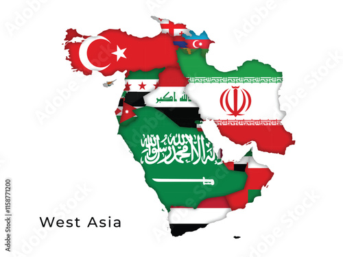 West Asia Map Highlighting Flags of Each Country