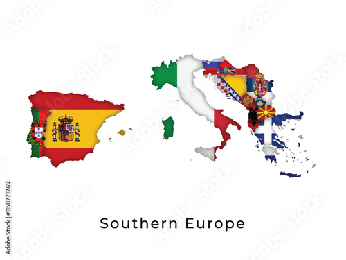 Southern Europe Map Highlighting Flags of Each Country