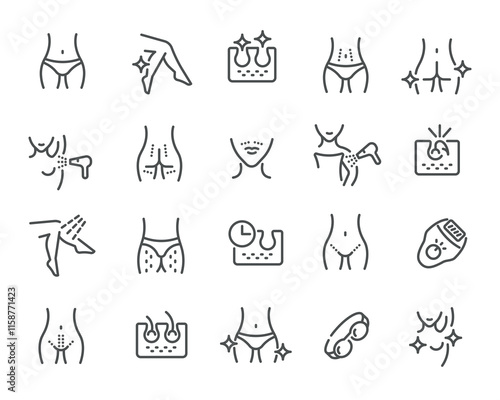A creative set of vector icons for hair removal in different areas of the body is easy to use.