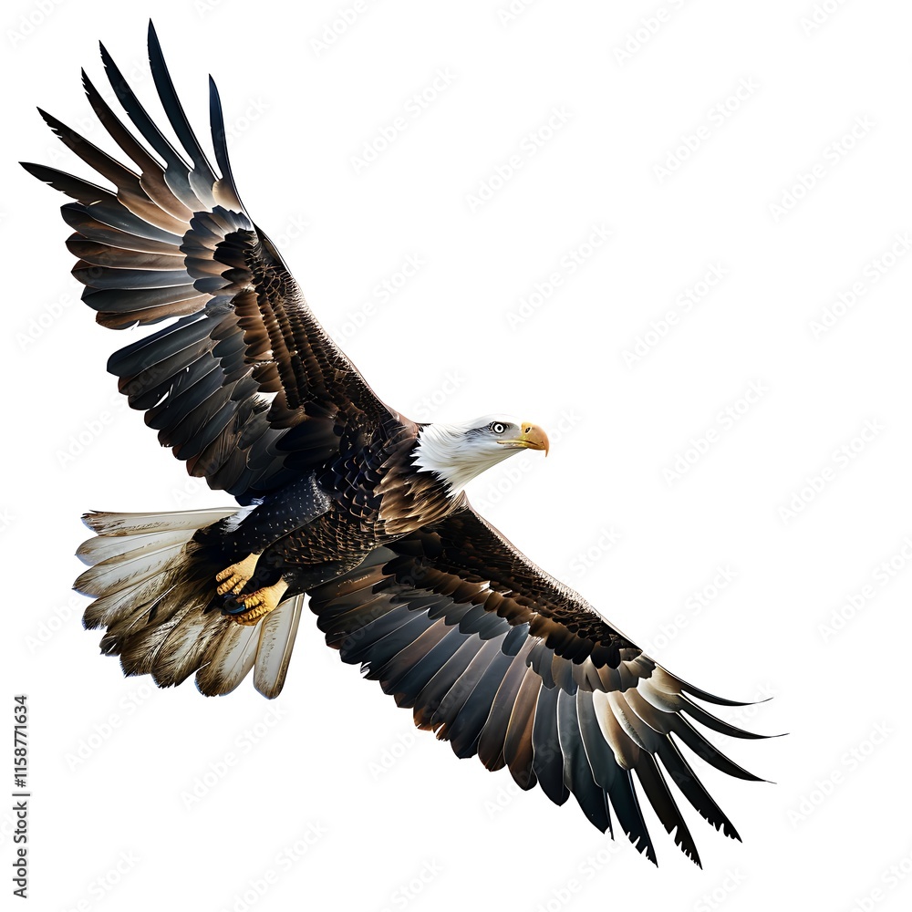 Obraz premium Soaring Bald Eagle: A majestic bald eagle with powerful wings spread wide, soars through the sky, captivating with its strength and elegance. 