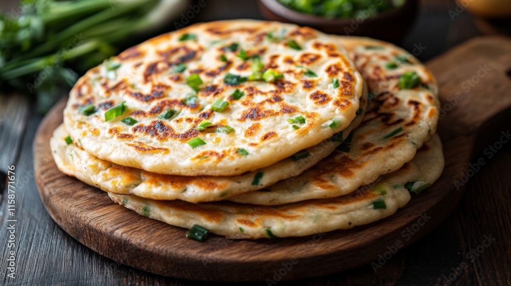 Delicious scallion pancakes stacked on wooden board Delicious scallion pancakes stacked on wooden board