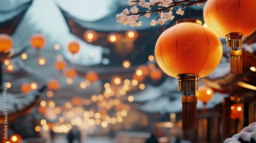 Naklejka premium A street scene with lanterns hanging from the trees